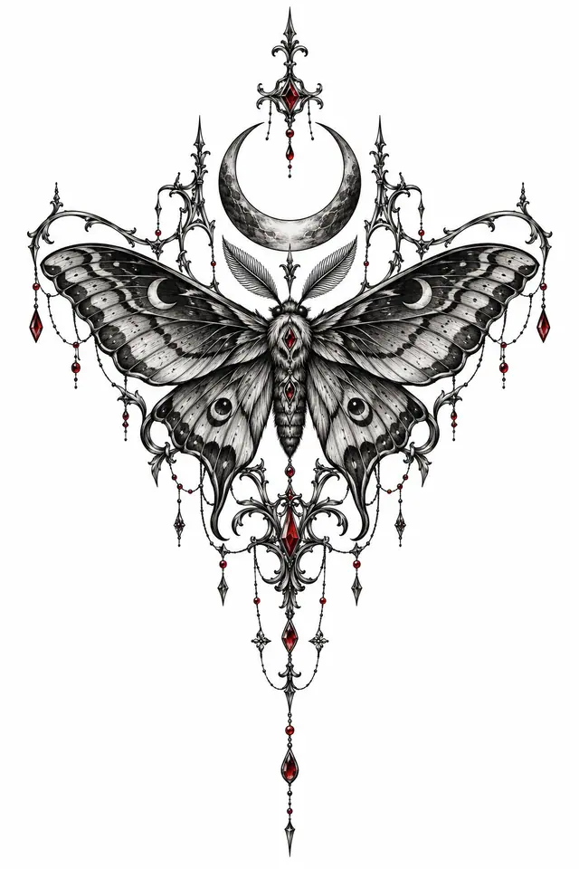 Red and black gothic moth tattoo design for the sternum