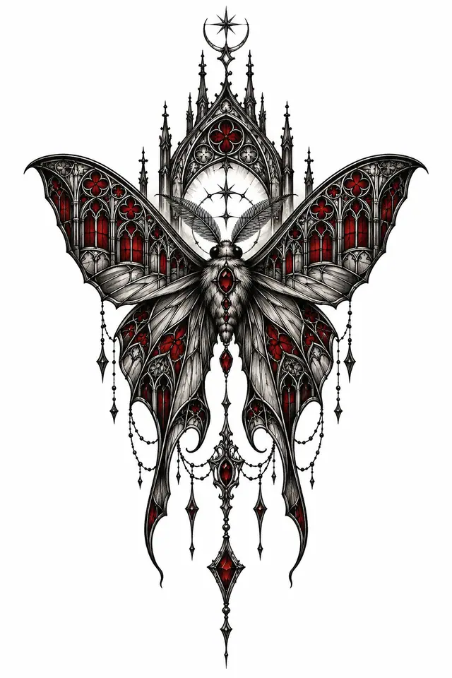 Red and black gothic moth tattoo design for the thigh