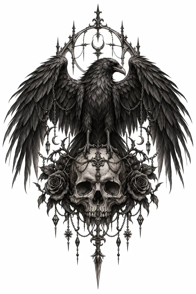 Black and grey gothic raven tattoo design for the back