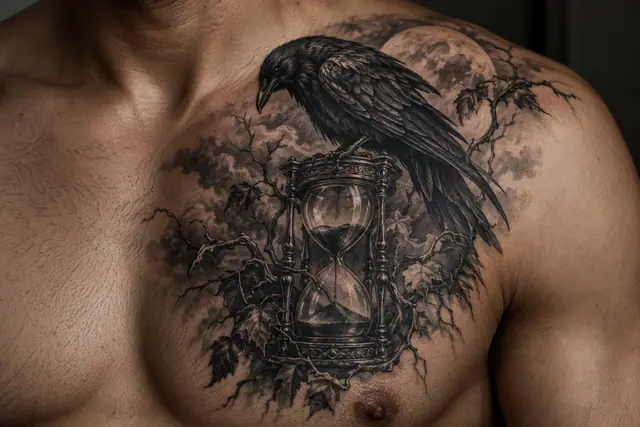 Black and grey gothic raven tattoo on the chest