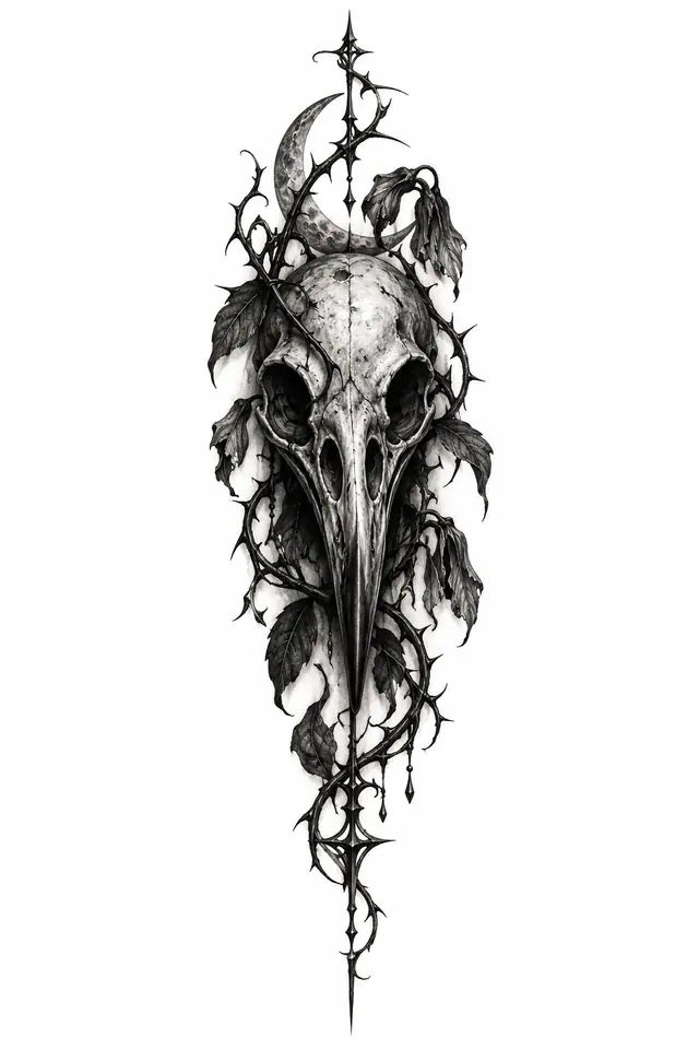 Black and grey gothic raven tattoo design for the forearm