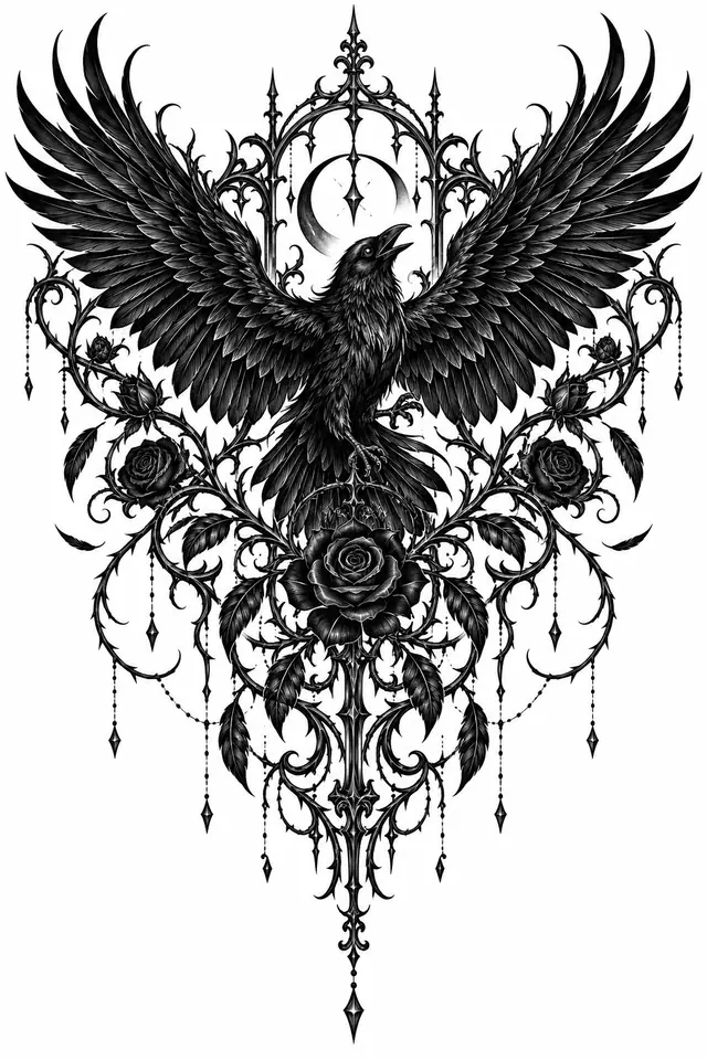 Blackwork gothic raven tattoo design for the back