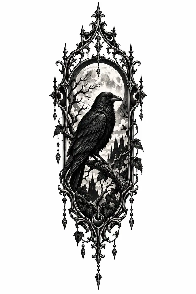 Blackwork gothic raven tattoo design for the forearm