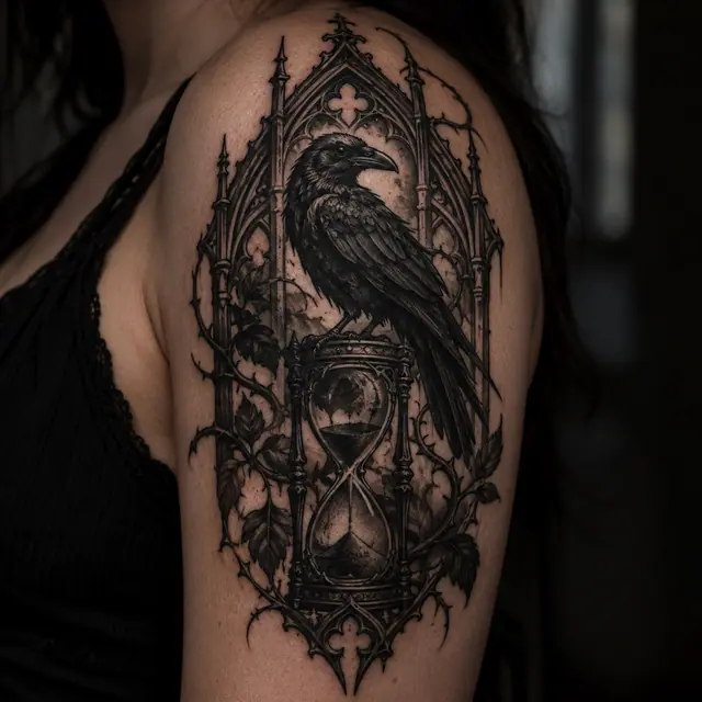 Blackwork gothic raven tattoo on the shoulder