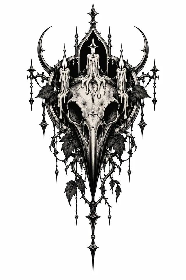 Blackwork gothic raven tattoo design for the sternum
