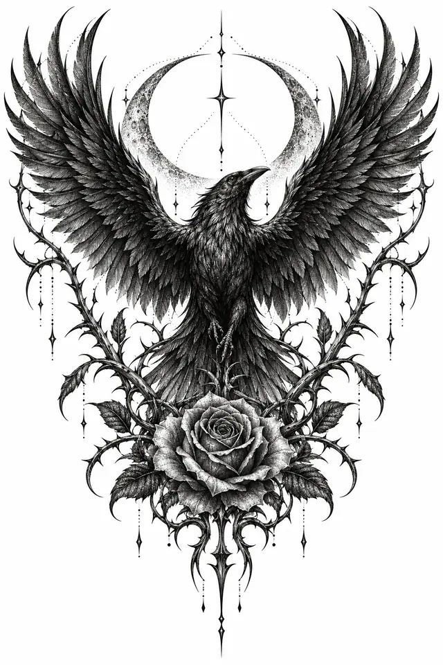 Dotwork gothic raven tattoo design for the back