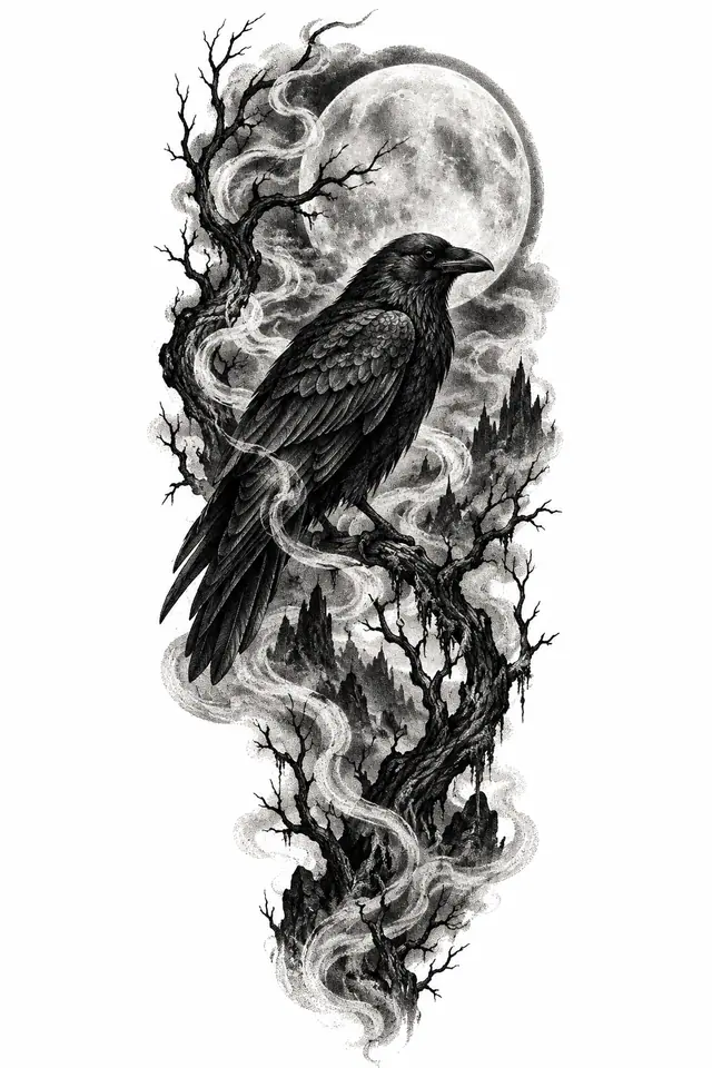 Dotwork gothic raven tattoo design for the upper arm (half sleeve)