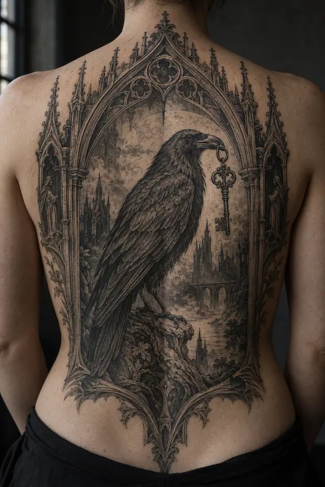 Engraving-style gothic raven tattoo on the back