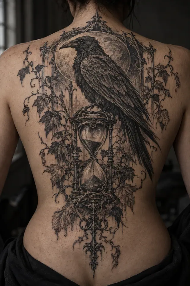 Engraving-style gothic raven tattoo on the back