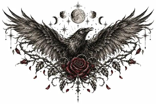 Engraving-style gothic raven tattoo design for the chest