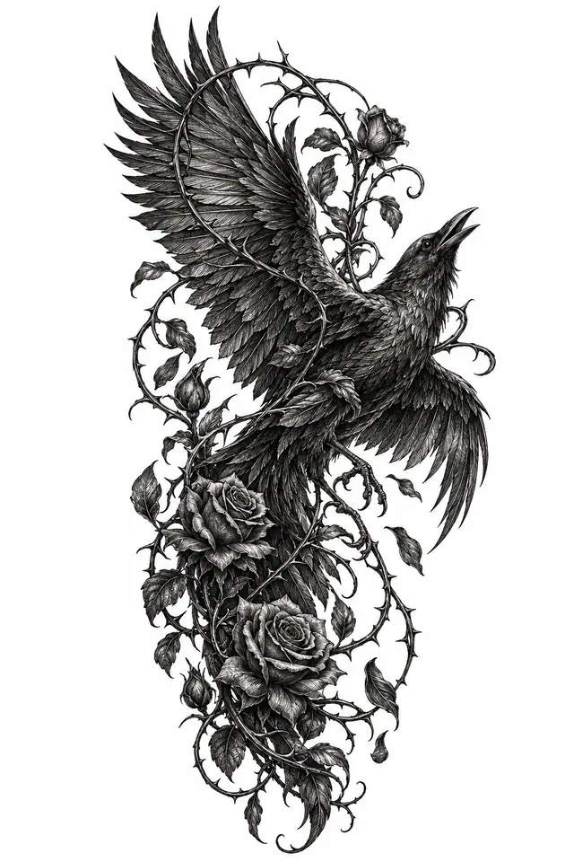 Engraving-style gothic raven tattoo design for the upper arm (half sleeve)