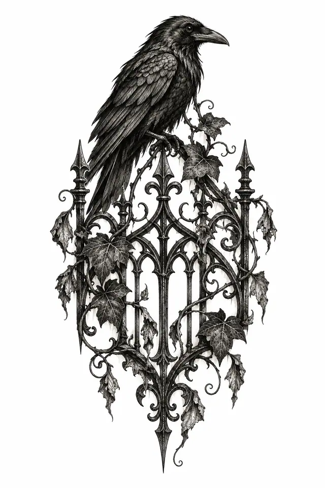 Engraving-style gothic raven tattoo design for the hand