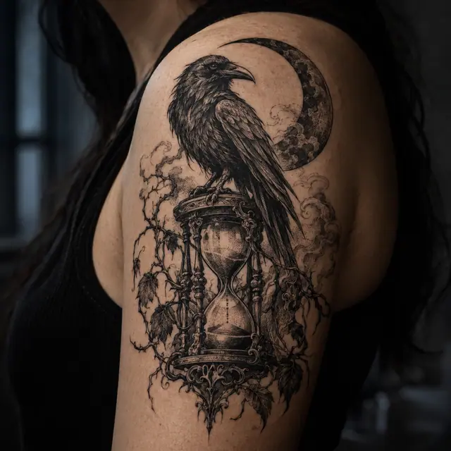 Engraving-style gothic raven tattoo on the shoulder