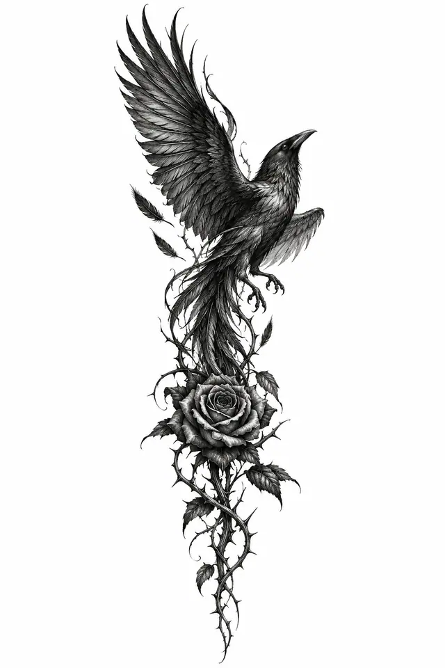 Engraving-style gothic raven tattoo design for the spine