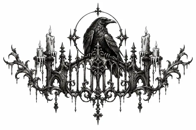 Engraving-style gothic raven tattoo design for the throat