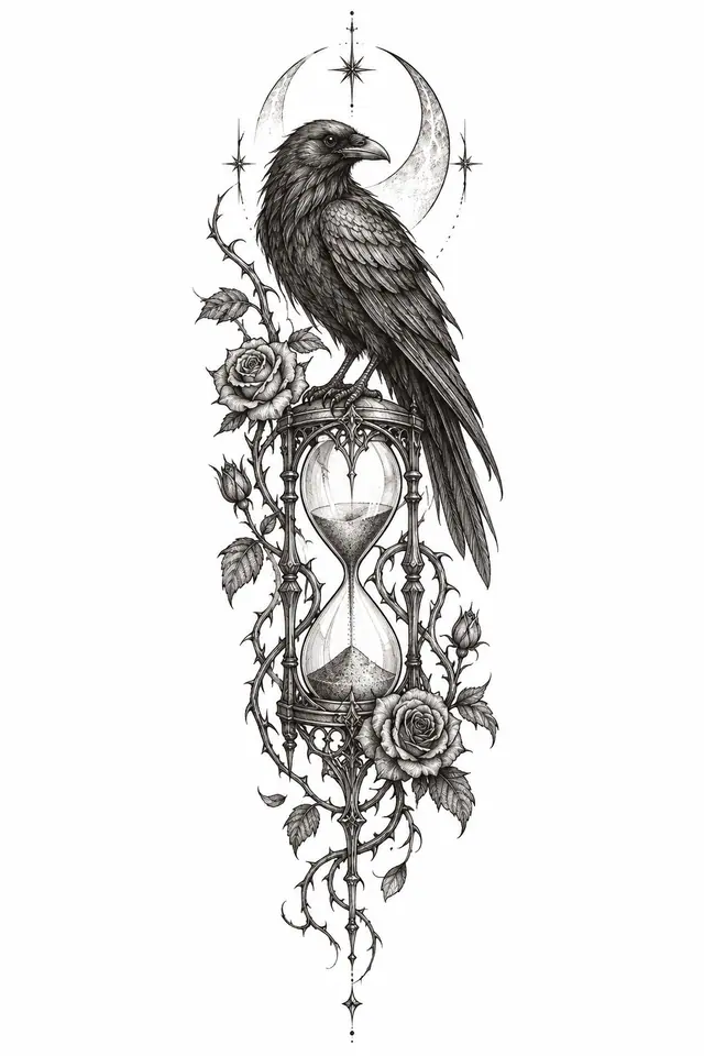 Fine-line gothic raven tattoo design for the calf