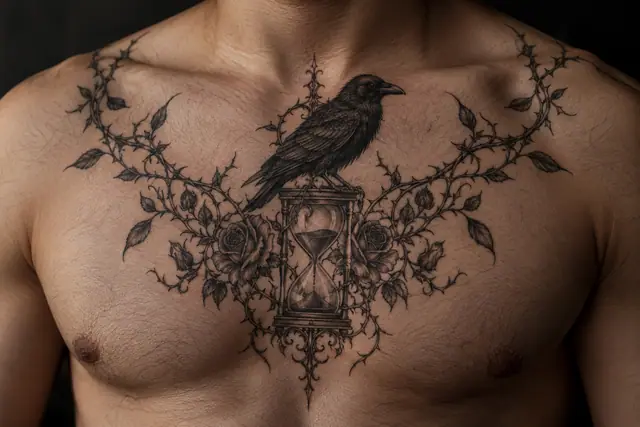 Fine-line gothic raven tattoo on the chest