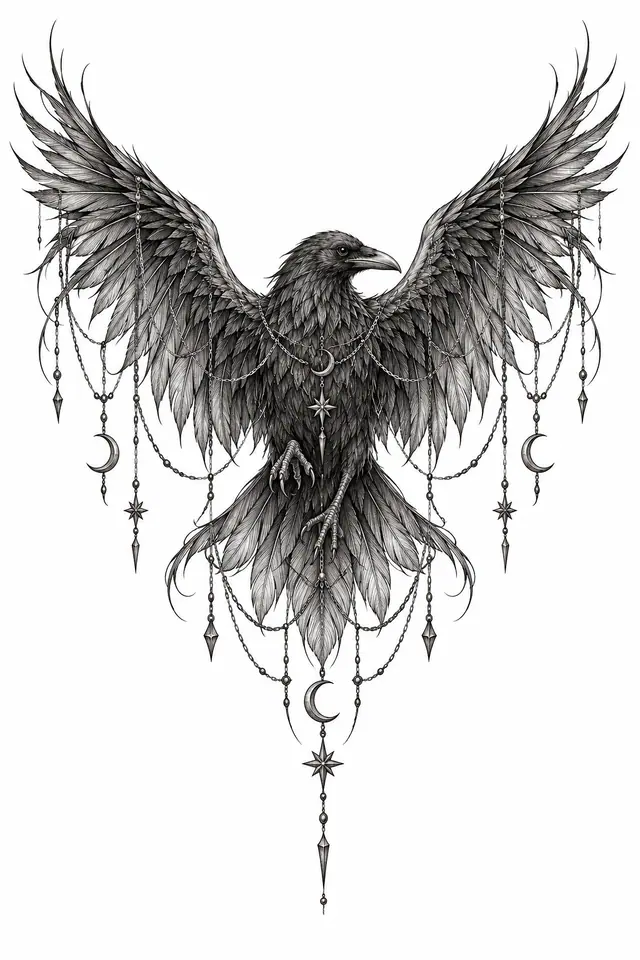 Fine-line gothic raven tattoo design for the upper arm (half sleeve)