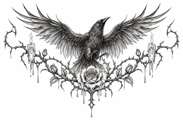 Fine-line gothic raven tattoo design for the throat