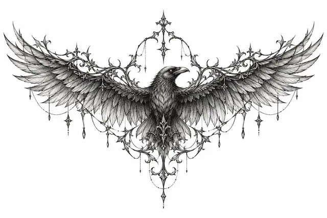 Fine-line gothic raven tattoo design for the throat
