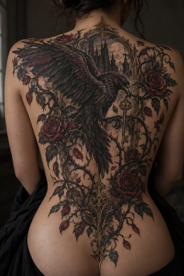 Neo-traditional gothic raven tattoo on the back