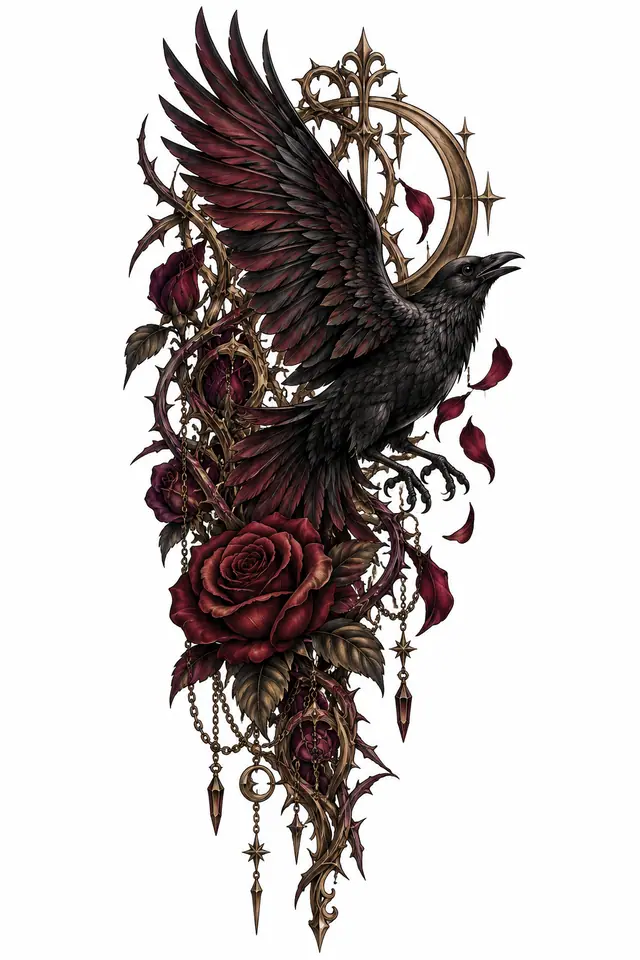 Neo-traditional gothic raven tattoo design for the upper arm (half sleeve)