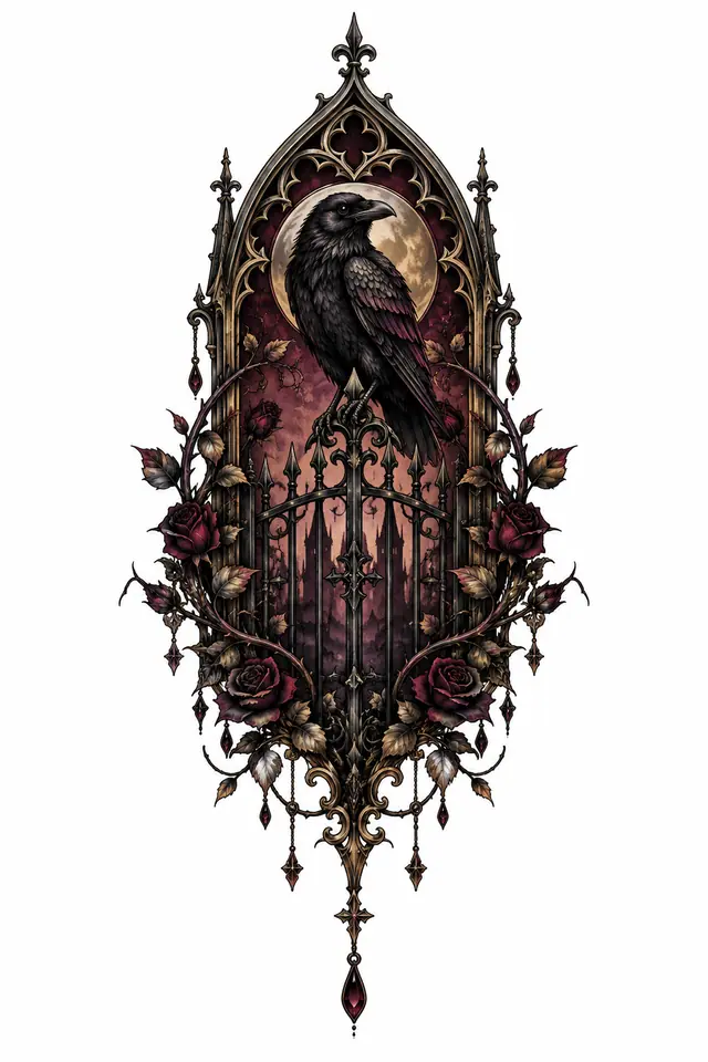 Neo-traditional gothic raven tattoo design for the sternum