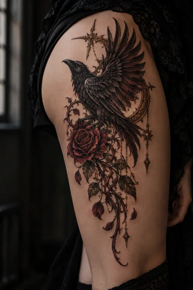 Neo-traditional gothic raven tattoo on the thigh