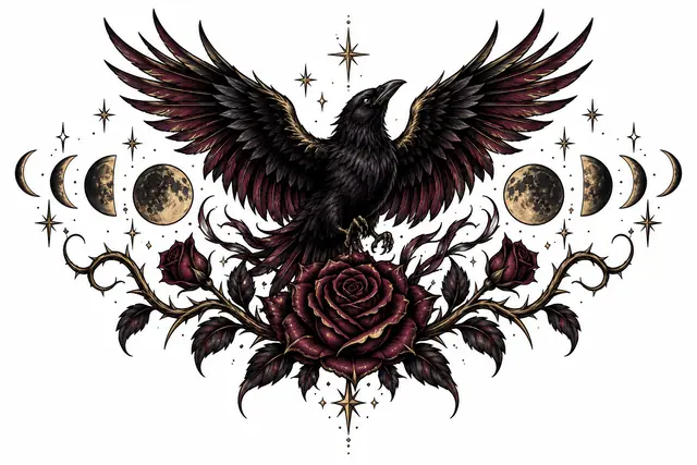 Neo-traditional gothic raven tattoo design for the throat