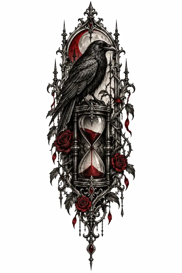 Red and black gothic raven tattoo design for the calf