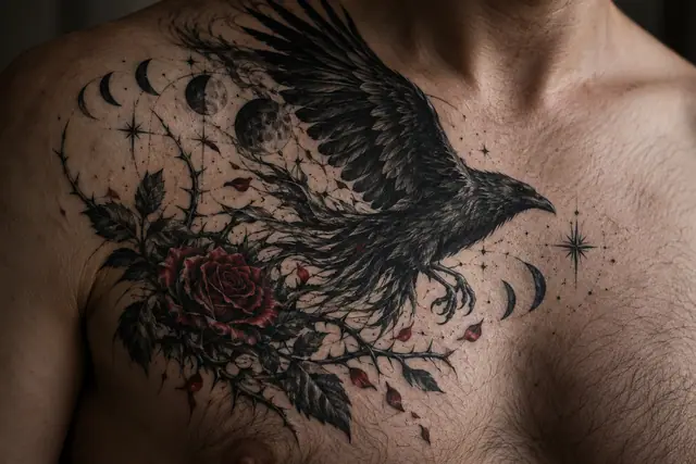 Red and black gothic raven tattoo on the chest