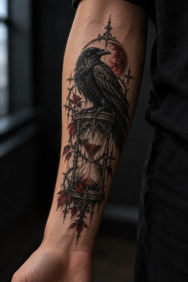 Red and black gothic raven tattoo on the forearm