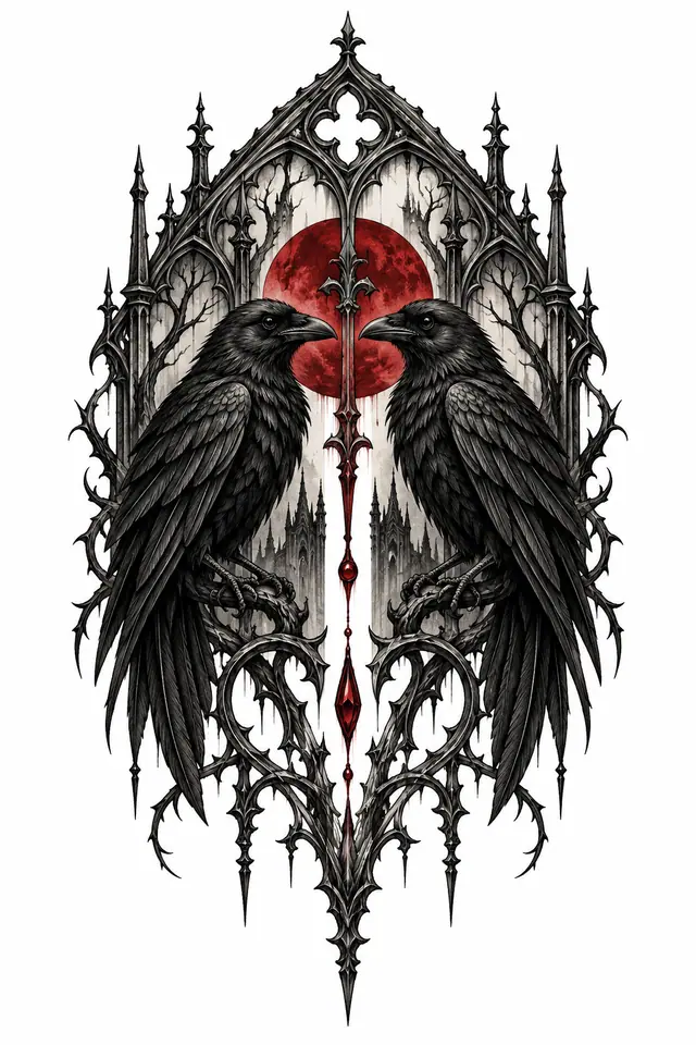 Red and black gothic raven tattoo design for the upper arm (half sleeve)