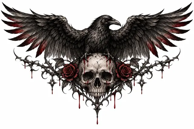 Red and black gothic raven tattoo design for the throat