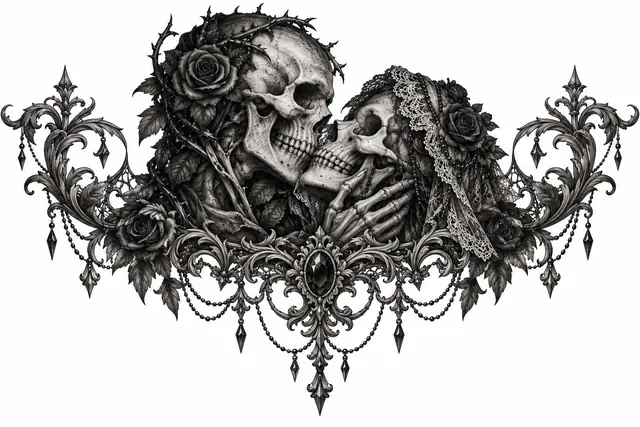 Black and grey gothic skull tattoo design for the chest
