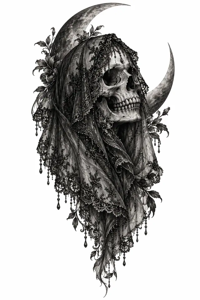 Black and grey gothic skull tattoo design for the upper arm (half sleeve)
