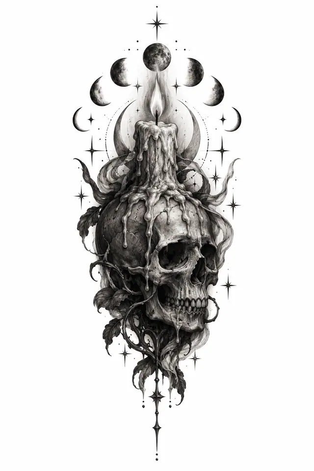 Black and grey gothic skull tattoo design for the upper arm (half sleeve)