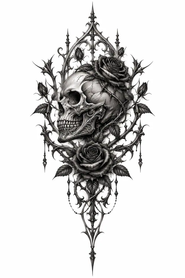 Black and grey gothic skull tattoo design for the sternum