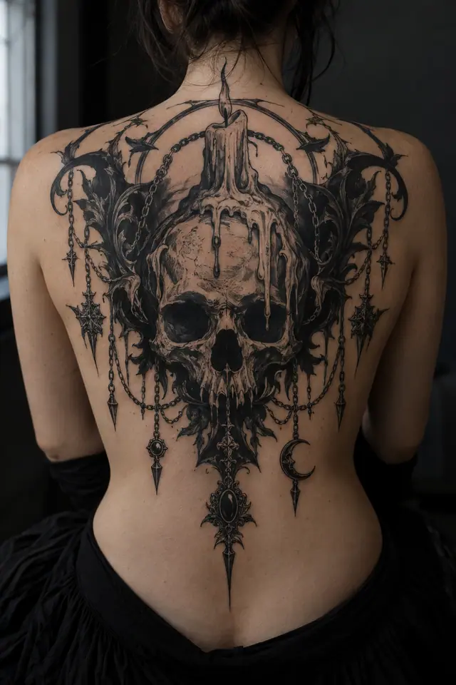 Tatuaje de calavera gótica estilo blackwork en la espalda