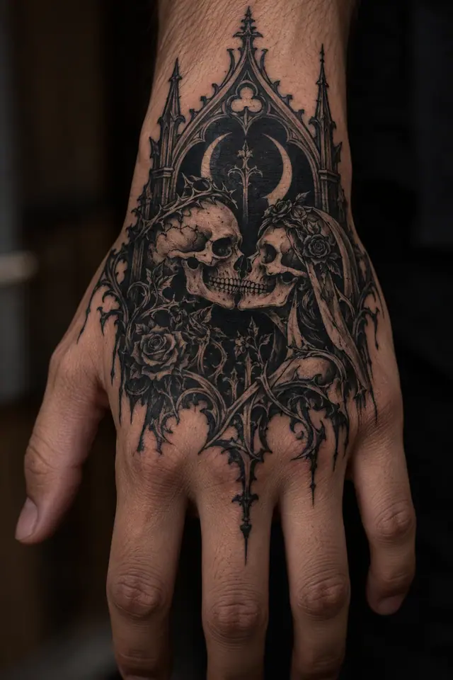 Blackwork gothic skull tattoo on the hand