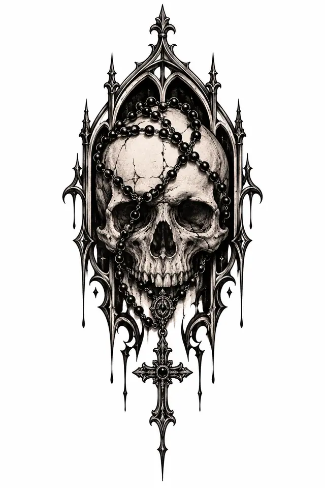 Blackwork gothic skull tattoo design for the hand