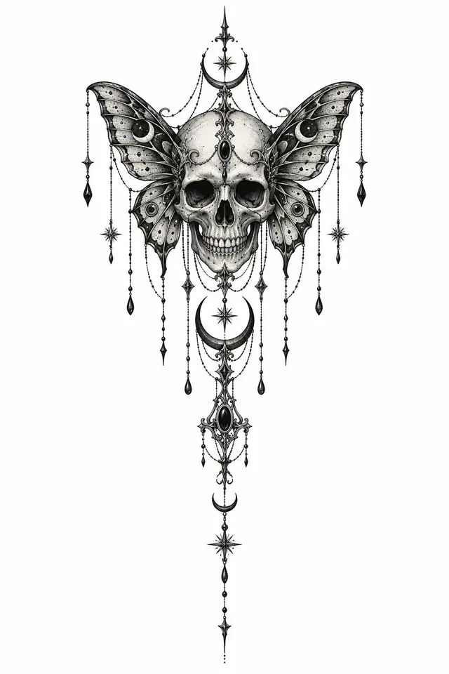 Dotwork gothic skull tattoo design for the spine