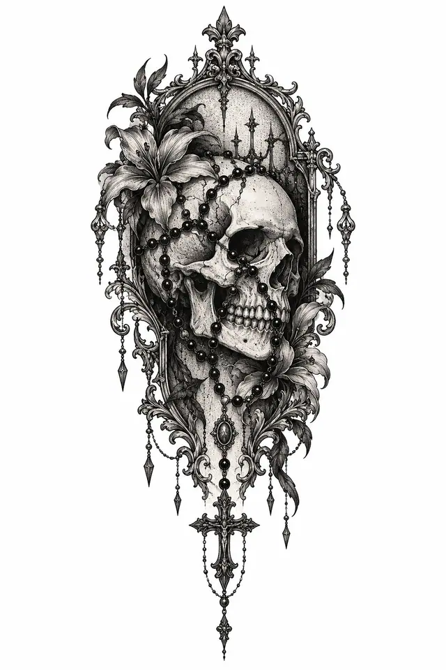 Dotwork gothic skull tattoo design for the thigh