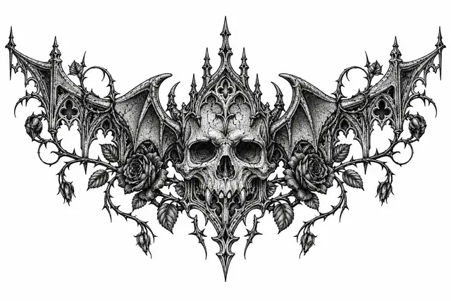 Dotwork gothic skull tattoo design for the throat