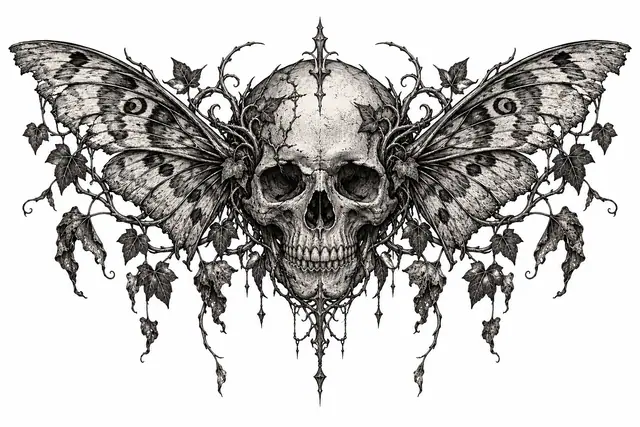 Engraving-style gothic skull tattoo design for the chest