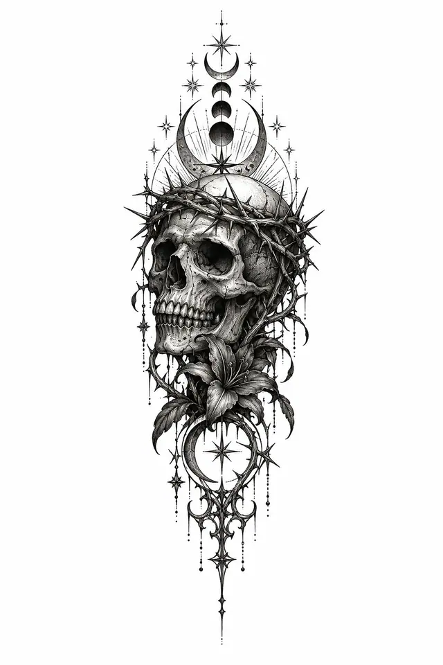 Engraving-style gothic skull tattoo design for the forearm