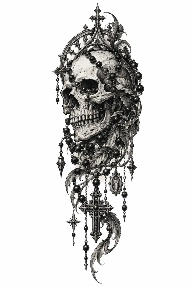 Engraving-style gothic skull tattoo design for the upper arm (half sleeve)
