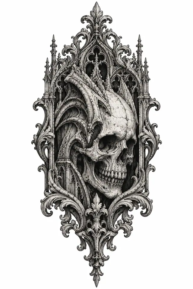 Engraving-style gothic skull tattoo design for the upper arm (half sleeve)