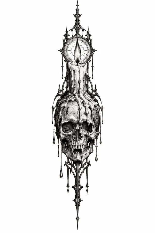 Engraving-style gothic skull tattoo design for the spine