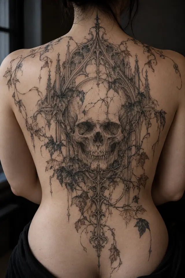 Fine-line gothic skull tattoo on the back